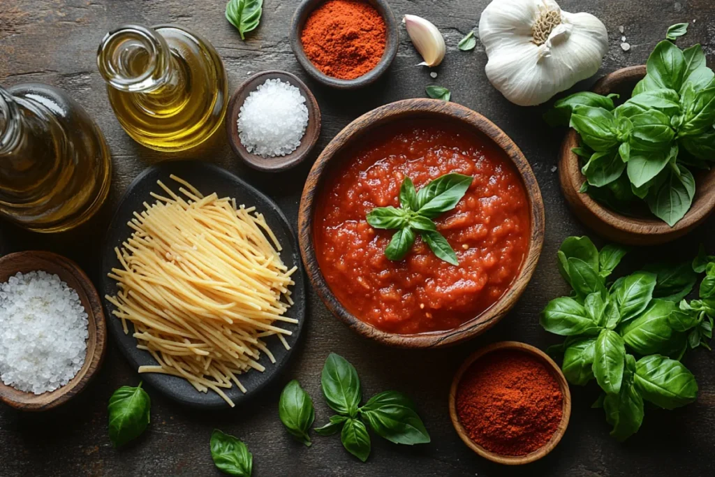 A rustic kitchen scene displaying the key ingredients for Spaghetti Alfredo Sauce Mix, including bowls of spaghetti sauce and Alfredo sauce, a bottle of olive oil, minced garlic, salt, pepper, and fresh basil or parsley, all neatly arranged on a wooden countertop.