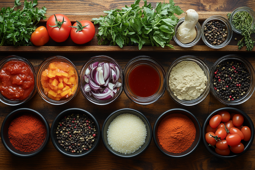 A rustic wooden table showcasing all the ingredients for Homemade A1 Steak Sauce Recipe, including tomato paste, white vinegar, Worcestershire sauce, molasses, Dijon mustard, garlic powder, onion powder, paprika, black pepper, salt, orange juice, and water, arranged neatly in bowls and jars, with warm natural lighting and a homemade feel.