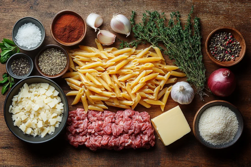 A flat lay of fresh ingredients for One-Pot Creamy Beef Garlic Butter Pasta Recipe, including ground beef, uncooked pasta, beef broth, heavy cream, butter, minced garlic, chopped onion, grated Parmesan cheese, and seasonings, neatly arranged on a rustic wooden kitchen countertop.







