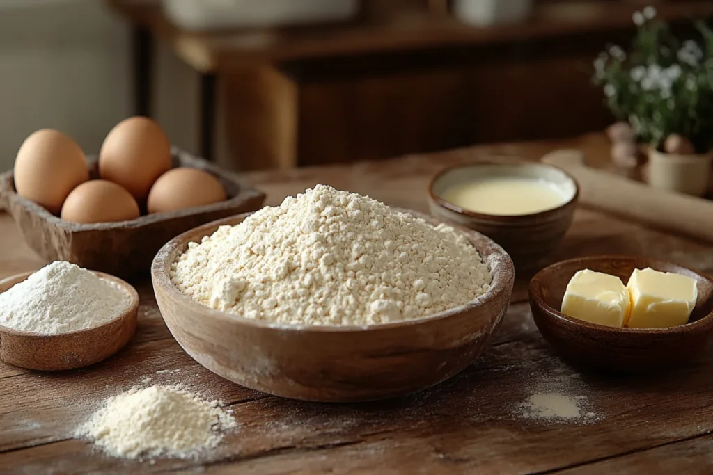 Essential ingredients for making dough in an Easy Sticky Buns Recipe, including flour, warm milk, yeast, sugar, eggs, melted butter, and salt.