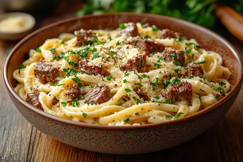 A delicious One-Pot Creamy Beef Garlic Butter Pasta Recipe served in a rustic ceramic bowl, featuring tender beef, rich garlic butter, and a velvety cream sauce, garnished with fresh parsley and grated Parmesan on a wooden kitchen table.