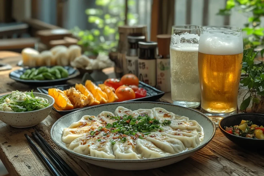 A cozy homemade dining setup featuring creamy chicken ramen paired with complementary sides and drinks, including gyoza, Asian slaw, edamame, kimchi, green tea, sake, citrus-infused water, light beer, mochi ice cream, matcha cheesecake, and fresh fruit, arranged on a rustic table with warm natural lighting, creating an inviting and balanced meal experience.