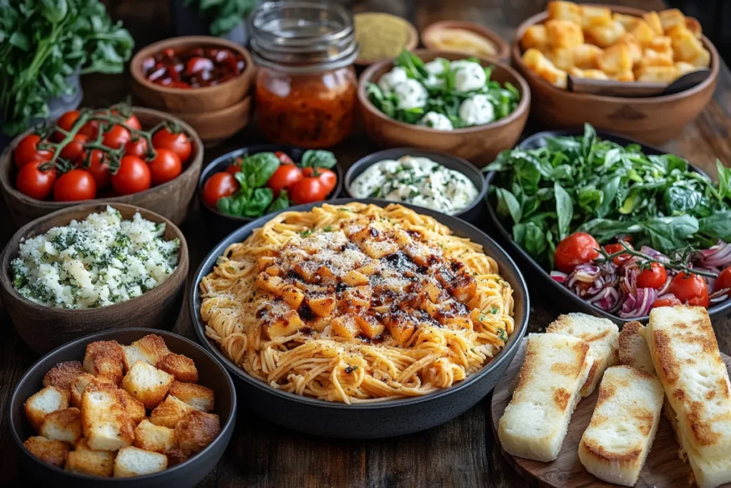 A homemade meal featuring sides to complement Alfredo Spaghetti, including crispy garlic bread with Parmesan, a fresh Caesar salad, roasted vegetables, grilled chicken, Caprese salad, and stuffed mushrooms, all served on a rustic wooden table for a cozy dining experience.