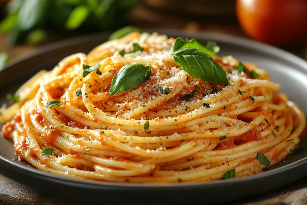 A homemade plate of pasta topped with Spaghetti Alfredo Sauce Mix, showing a rich blend of creamy Alfredo and tangy spaghetti sauce swirled together. The dish is garnished with fresh basil and grated Parmesan, highlighting its comforting and flavorful appeal.