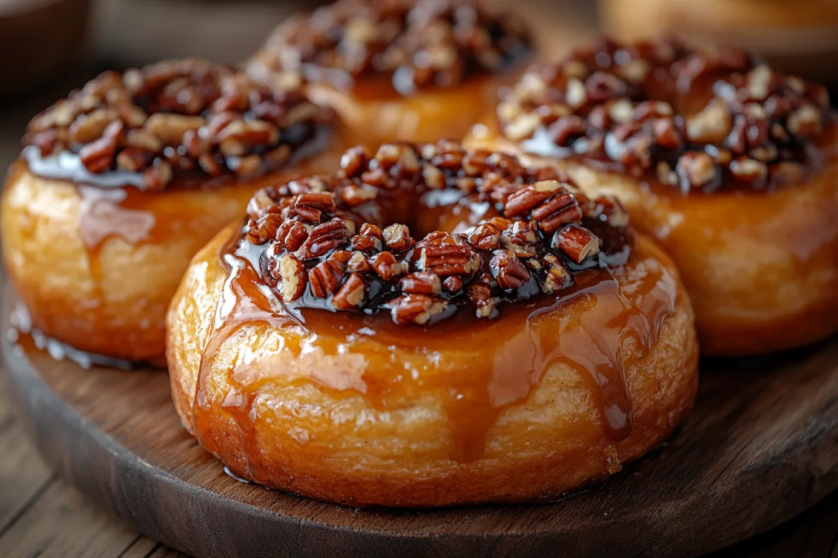 Freshly baked sticky buns with a gooey caramelized topping and chopped pecans, showcasing a homemade look. Perfect for an Easy Sticky Buns Recipe.