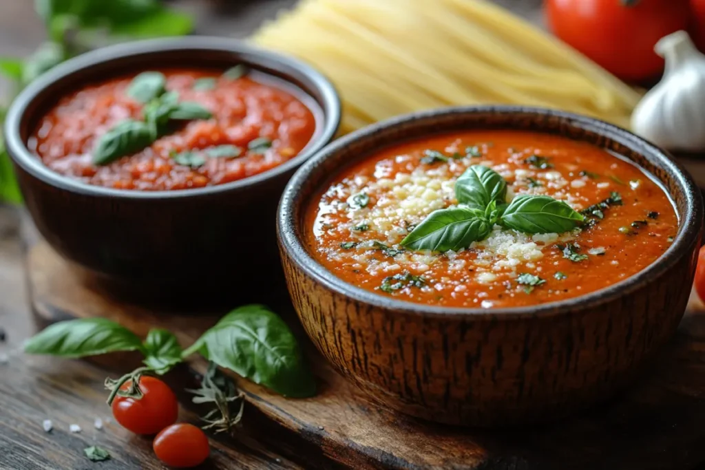 A homemade kitchen scene featuring two rustic bowls of sauce—one with rich, red spaghetti sauce and the other with creamy Alfredo sauce—surrounded by fresh ingredients like garlic, basil, Parmesan, and tomatoes, representing the origins of Spaghetti Alfredo Sauce Mix.