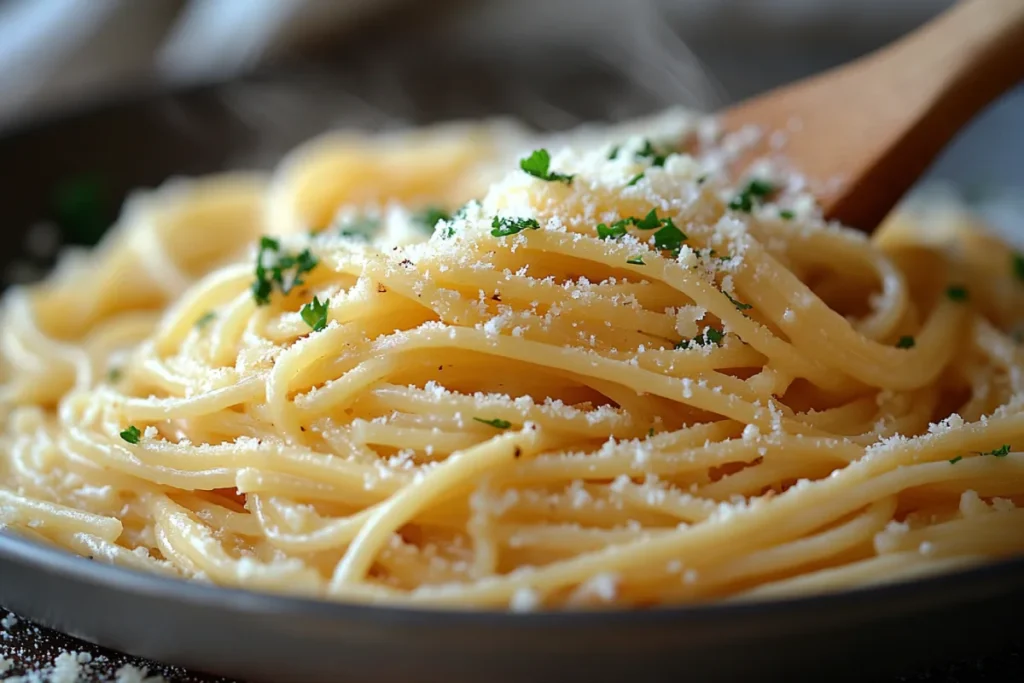 A close-up of a homemade plate of spaghetti for fettuccine in Alfredo, evenly coated in a rich, creamy sauce, garnished with freshly grated Parmesan and parsley, and served in a warm, inviting setting.