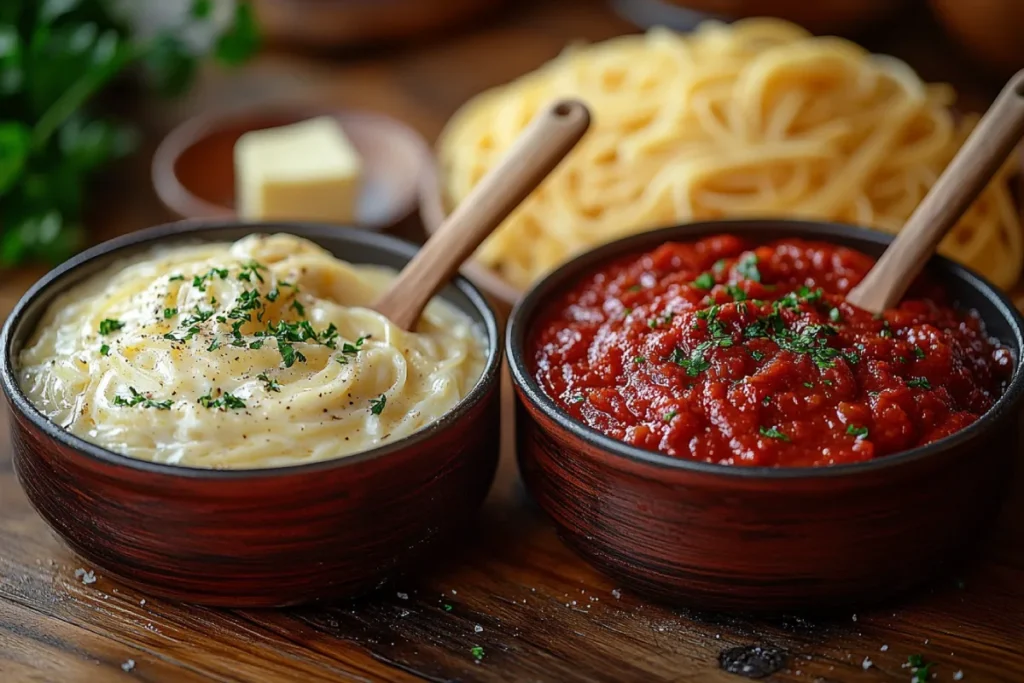 A homemade kitchen scene featuring two saucepans, one with creamy Alfredo sauce and the other with rich red spaghetti sauce, prepared for an Alfredo and Spaghetti Sauce Pairing. A wooden spoon stirs each sauce, with fresh herbs, butter, and a plate of pasta nearby, creating a warm and inviting setting.