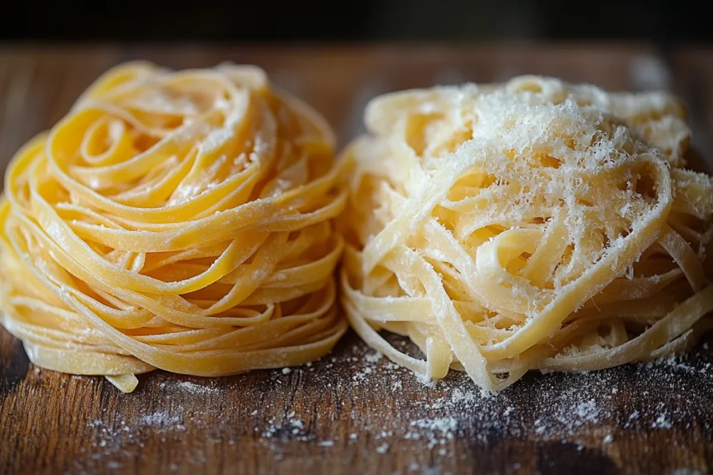 A close-up comparison of spaghetti for fettuccine in Alfredo, showing the thin, round spaghetti next to the flat, wide fettuccine on a rustic wooden surface, highlighting their shape and texture differences.