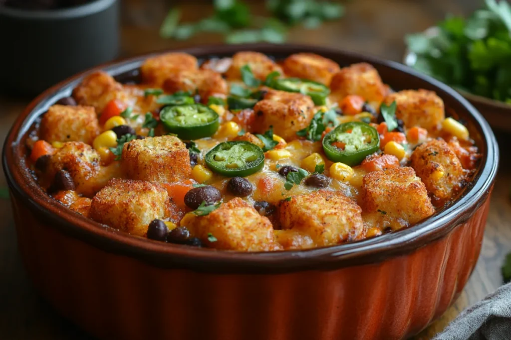 A close-up view of a customizable homemade taco tater tot casserole, featuring variations like ground turkey, plant-based meat, black beans, corn, jalapeños, and a blend of cheeses, topped with crispy tater tots, showcasing its versatility.