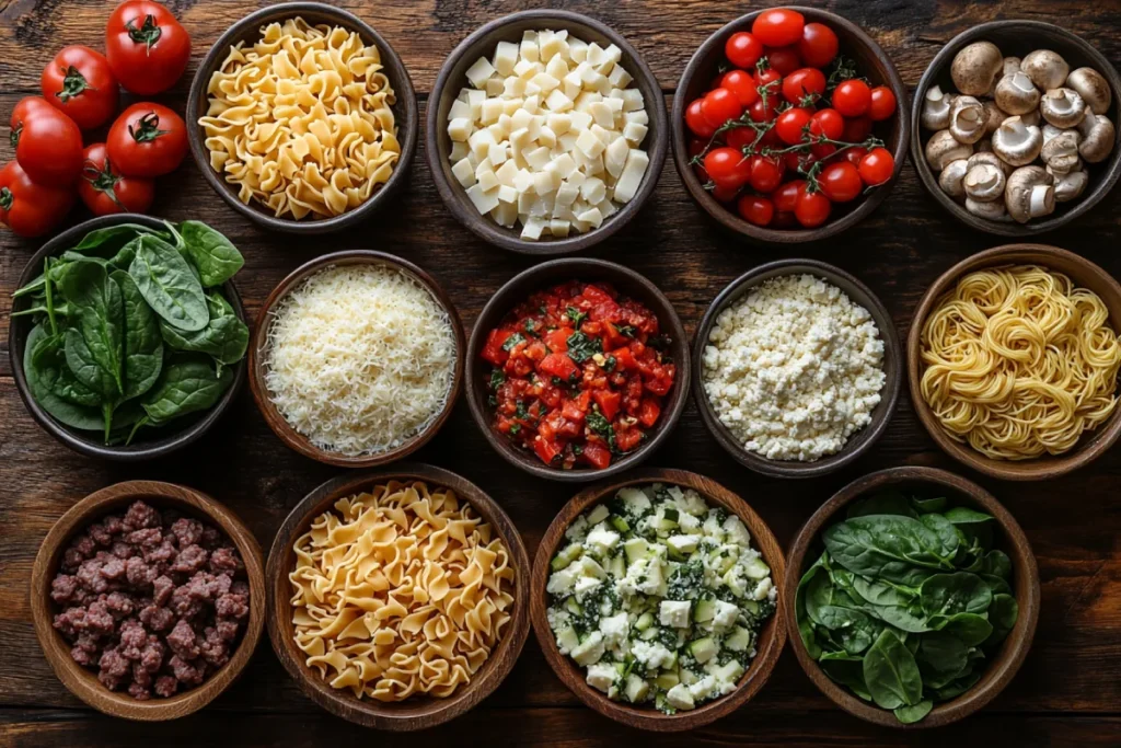 A top-down view of various ingredient swaps for One-Pot Creamy Beef Garlic Butter Pasta Recipe, including ground turkey, Italian sausage, plant-based meat, gluten-free and whole wheat pasta, zucchini noodles, coconut cream, crushed tomatoes, different cheeses, and fresh vegetables like spinach, mushrooms, and bell peppers, all neatly arranged on a rustic wooden kitchen countertop.


