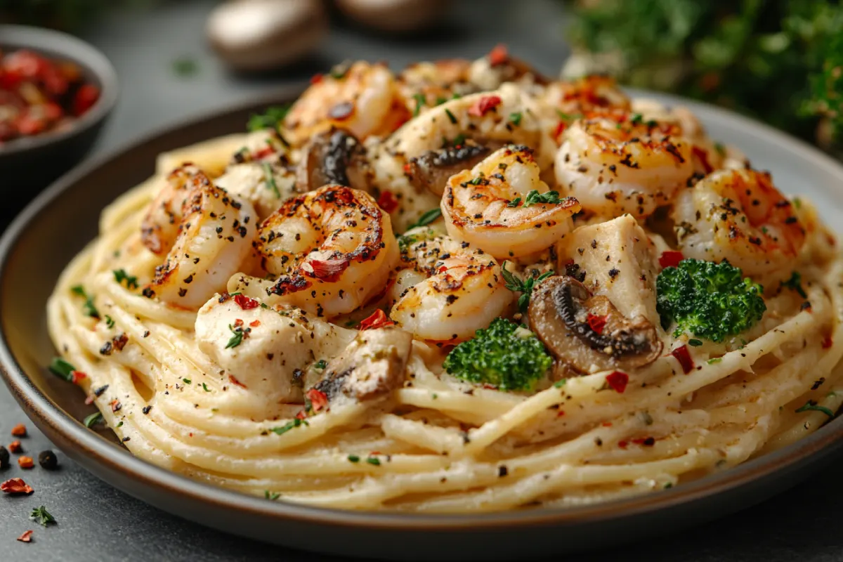 A homemade plate of Alfredo Spaghetti featuring creamy pasta with grilled chicken, shrimp, broccoli, mushrooms, and crispy bacon, served on a rustic ceramic dish. The dish is garnished with fresh herbs, creating a comforting and inviting meal.