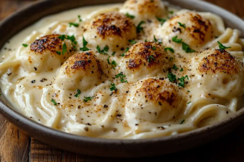 A homemade plate of spaghetti for fettuccine in Alfredo, coated in a rich, creamy sauce, garnished with freshly grated Parmesan and parsley, served on a rustic wooden table with soft natural lighting.