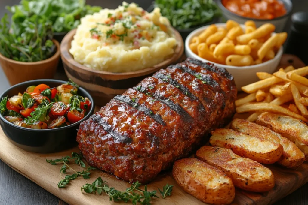 Bacon Cheeseburger Meatloaf served with mashed potatoes, roasted vegetables, mac and cheese, French fries, garlic bread, coleslaw, and a fresh salad on a rustic dining table.