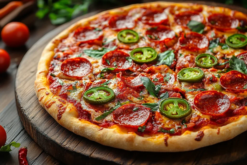 A homemade Pepperoni Pizza with creative variations, including stuffed crust, spicy jalapeños, BBQ sauce, and veggie-loaded toppings, arranged on a rustic wooden table.