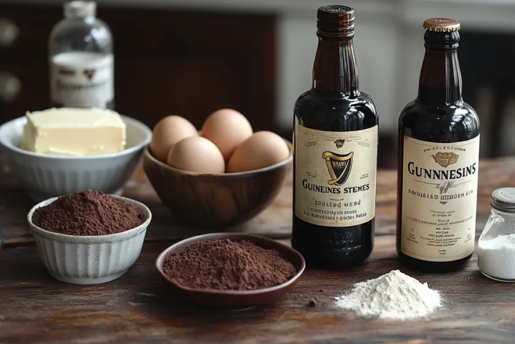 All the ingredients for a homemade Guinness Chocolate Cake, including Guinness stout, unsalted butter, cocoa powder, sugar, sour cream, eggs, vanilla extract, flour, baking soda, and salt, arranged neatly on a rustic kitchen counter.