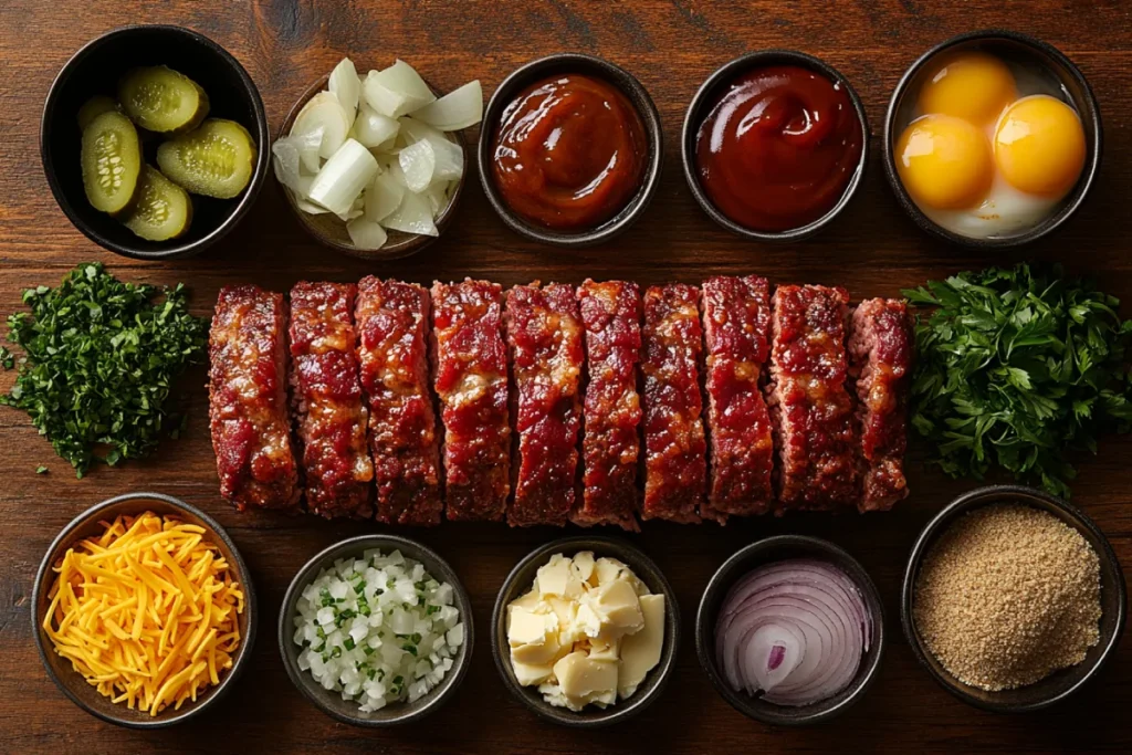 Ingredients for Bacon Cheeseburger Meatloaf displayed on a rustic wooden countertop, including ground beef, shredded cheddar cheese, crumbled bacon, breadcrumbs, eggs, diced onion, minced garlic, pickles, and seasonings.