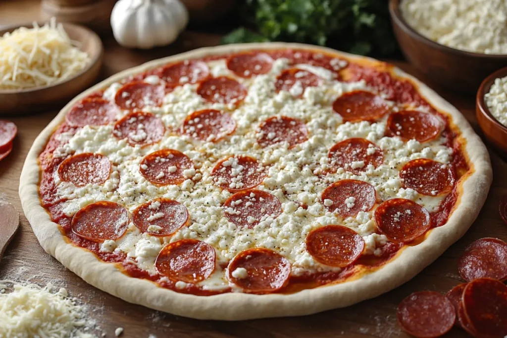 A homemade Pepperoni Pizza with golden crust, melted mozzarella, and crispy pepperoni slices, surrounded by key ingredients like fresh dough, tomato sauce, shredded cheese, and pepperoni, arranged on a rustic wooden table.