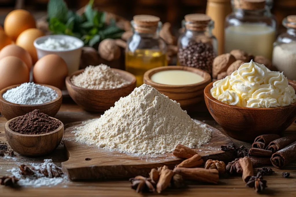 Ingredients for an Are You Kidding Cake, including all-purpose flour, granulated sugar, softened butter, eggs, milk, vanilla extract, baking powder, baking soda, salt, gel food coloring, and buttercream frosting, neatly arranged on a rustic wooden table in a cozy kitchen setting.