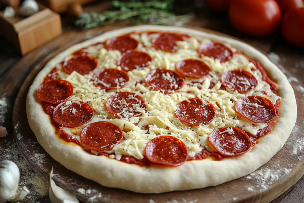 A step-by-step homemade Pepperoni Pizza process, showing dough preparation, sauce blending, assembling with cheese and pepperoni, and baking to golden perfection, arranged on a rustic kitchen counter.