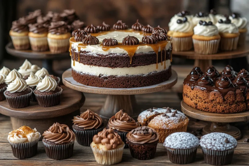 A variety of homemade Guinness Chocolate Cake variations, including cupcakes, gluten-free cake, vegan cake, layered cake with salted caramel, spiced Bundt cake, mini cakes, and Baileys-frosted cake, displayed on a rustic wooden table.